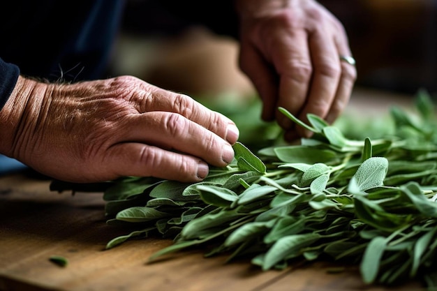 mani di un uomo con una foglia verde che dice "mano - su di essa".