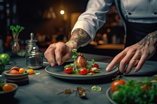 Mani di uno chef maschio tatuato che decorano un piatto in un ristorante