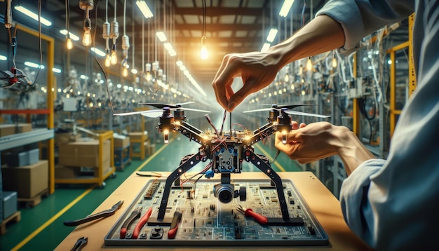 Mani di uomo che riparano raccogliendo parti un drone all'interno della fabbrica Nuove tecnologie