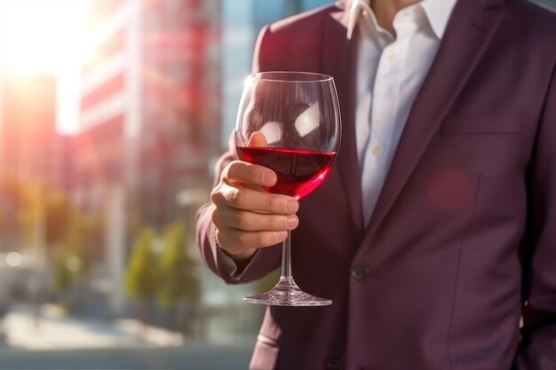 mani di uomo d'affari che tengono un bicchiere di vino rosso ai creativo