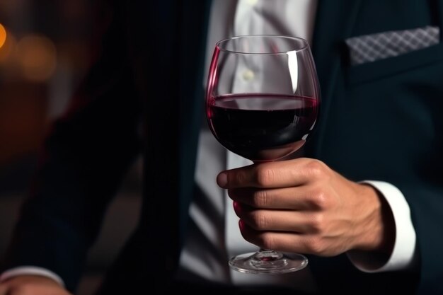 mani di uomo d'affari che tengono un bicchiere di vino rosso ai creativo