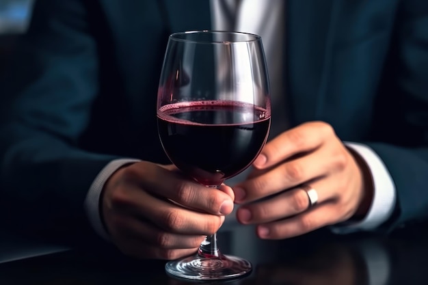 mani di uomo d'affari che tengono un bicchiere di vino rosso ai creativo