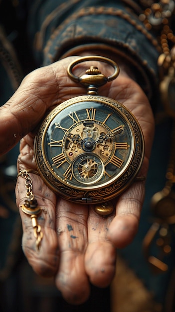 Mani di viaggiatori nel tempo che impostano un orologio da tasca vintage