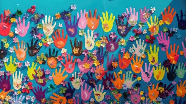 Mani dipinte colorate davanti a un muro di fiori farfalla decorato con IA generativa