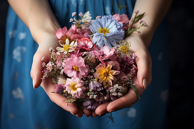 Mani Eleganza della Natura con bouquet di fiori freschi AI generativa