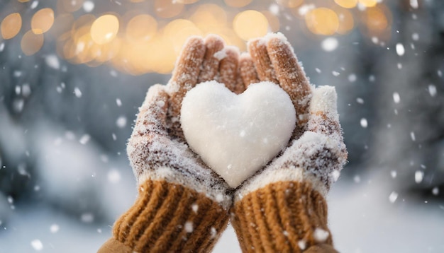 mani femminili che coccolano un cuore innevato che trasmettono calore e gioia contro uno sfondo innevato perfetto fo