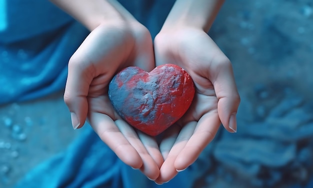 Mani femminili che tengono cuore rosso su sfondo blu ai generato