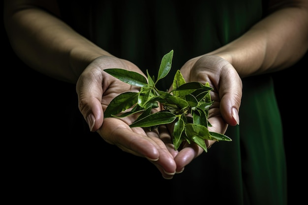 Mani femminili che tengono foglie di tè verde