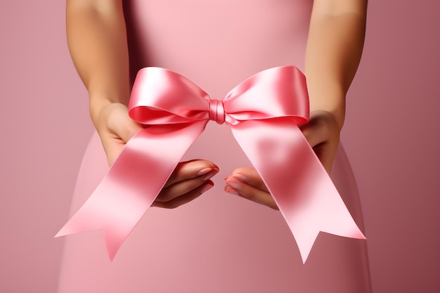 Mani femminili che tengono il fiocco di nastro rosa su sfondo rosa Ai generato