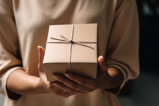 Mani femminili che tengono la scatola dei pacchi o il pacchetto della confezione regalo in carta artigianale ai generativa