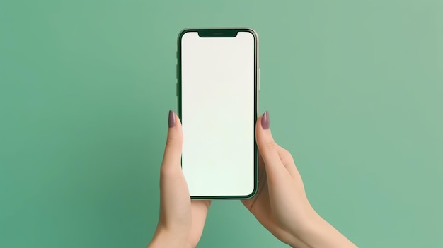 Mani femminili che tengono smartphone ottimo design per qualsiasi scopo Comunicazione online Mockup di smartphone schermo bianco Tecnologia digitale Mockup di schermo bianco del telefono cellulare Generativo Ai