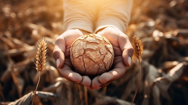 Mani femminili che tengono una palla di grano nel mezzo di un campo di grano