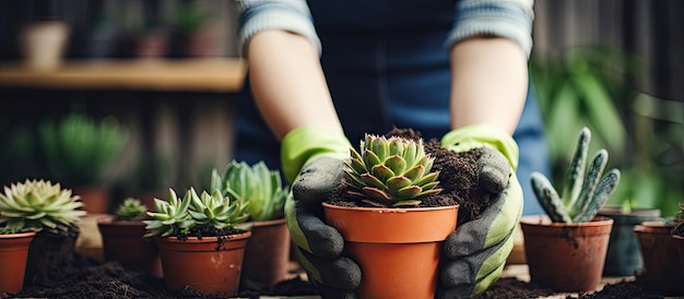 Mani femminili che trapiantano cactus in un'inquadratura ravvicinata che simboleggia il giardinaggio domestico e la cura delle piante utilizzando attrezzi da giardinaggio e un secchio pieno di terra per la semina primaverile domestica