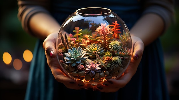 mani femminili con bellissimi cactus succulenti e cactus