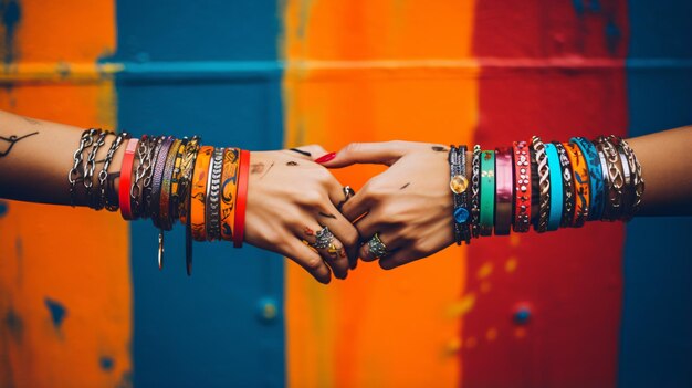 Mani femminili con bracciali su sfondo colorato