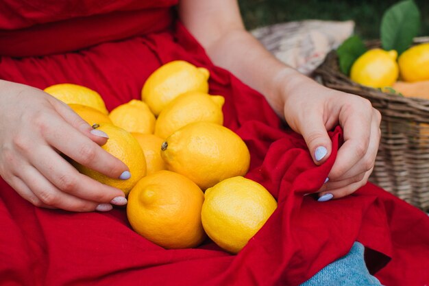 mani femminili con limoni su un grembiule rosso primo piano vista dall'alto ecologia e concetto di cibo sano