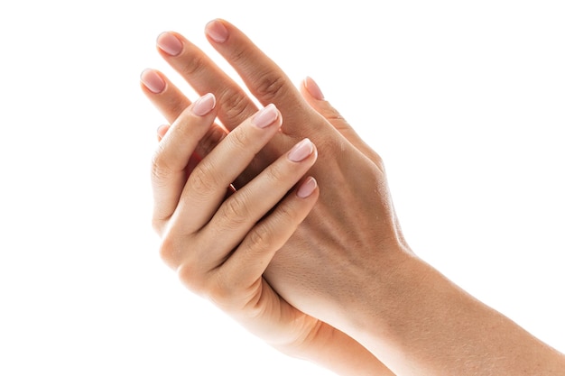 Mani femminili con pelle morbida e bella manicure francese su sfondo bianco
