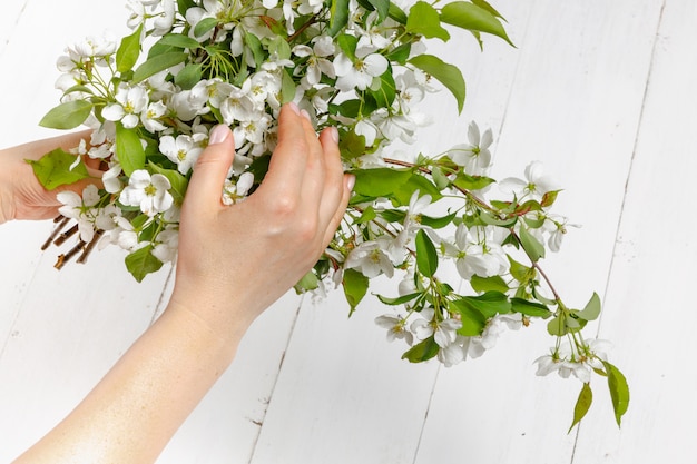 Mani femminili di tenerezza con fiori di primavera. Il concetto di tenerezza, cura della pelle, le mani della ragazza tengono fiori primaverili