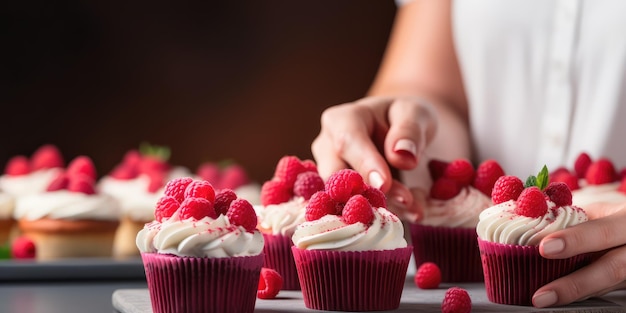 Mani femminili di un pasticciere che decorano le cupcakes