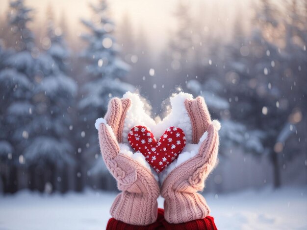 Mani femminili in guanti a maglia con il cuore sullo sfondo del giorno di San Valentino