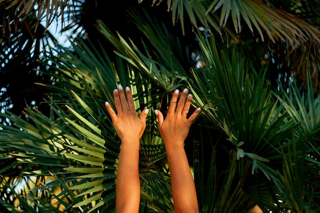 Mani femminili sulla foglia di palme di sfondo. Mood estivo.