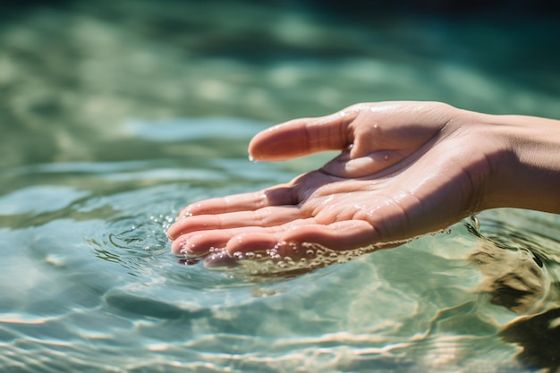 Mani femminili sullo sfondo dell'acqua limpida