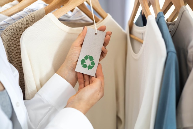 Mani femminili tengono un'etichetta di abbigliamento a maglia bianca che raffigura il cartello di riciclaggio