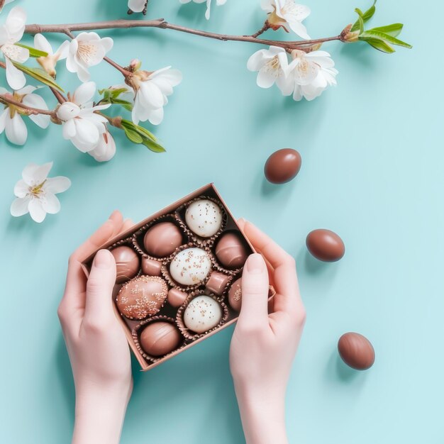 Mani femminili tengono una scatola regalo di uova di Pasqua al cioccolato su sfondo turchese