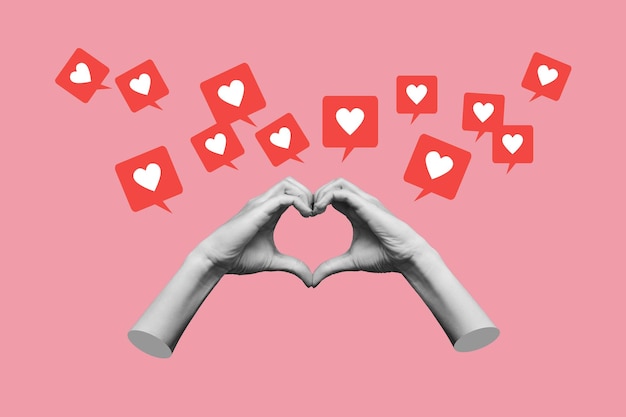 Mani femminili umane che mostrano una forma di cuore e come simboli dai social network. Arte contemporanea