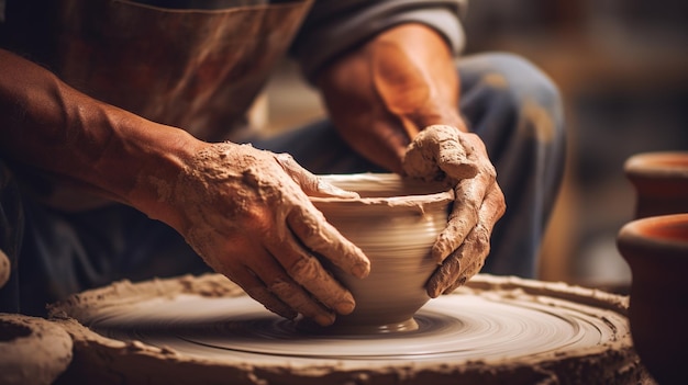 Mani generative di IA con la fabbricazione in argilla di un vaso di ceramica nello studio di ceramika hobby e tempo libero