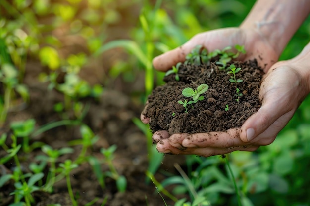 Mani gentili che coccolano il terreno ricco con giovani piantine che simboleggiano la crescita e il giardinaggio sostenibile