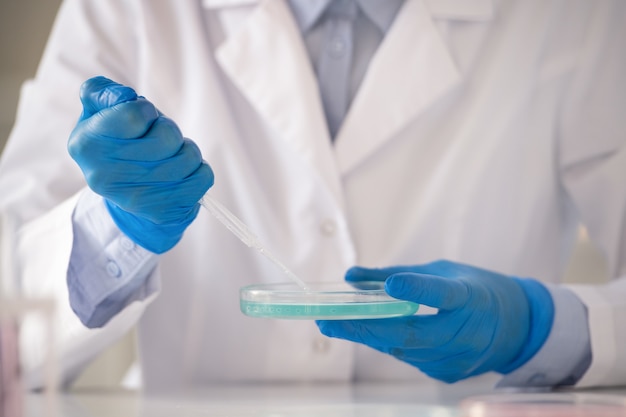 Mani guantate del lavoratore di laboratorio contemporaneo che tiene la pipetta sopra la capsula di Petri con la sostanza liquida blu mentre va a prenderne una goccia