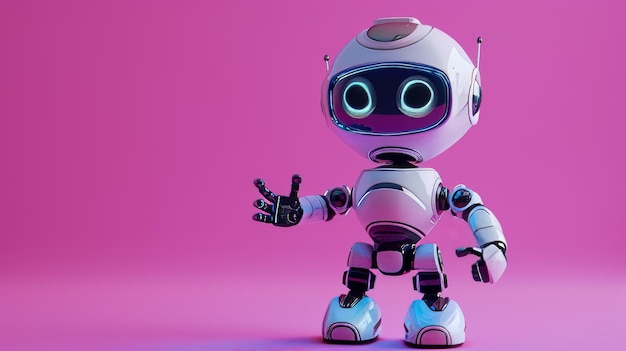 Mani in alto robot 3D carino isolato su sfondo viola robot cartone animato carino amichevole chatbot di assistenza clienti concetto tecnologico giocattolo robotico robot 3D realistico