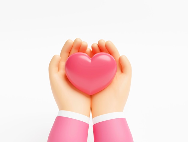 Mani in possesso di cuore rosso amore famiglia assistenza sanitaria concetto di supporto su sfondo bianco 3d illustrazione