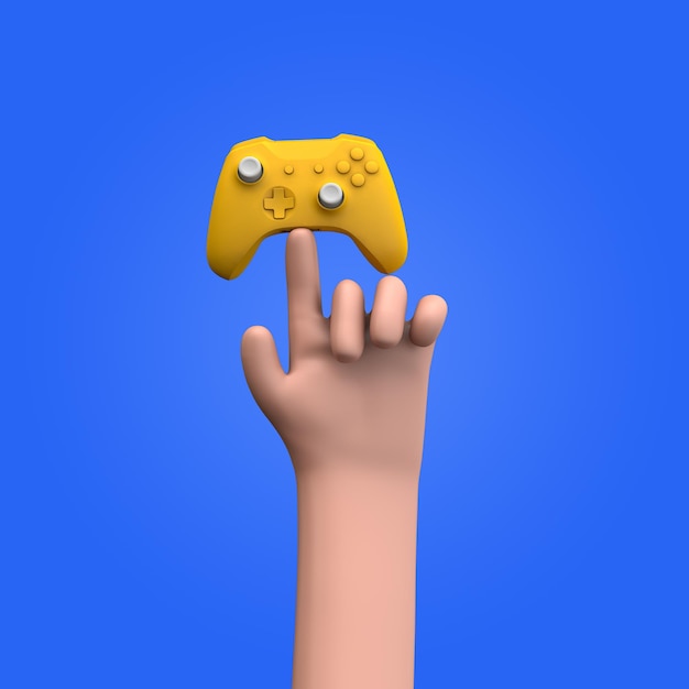 Mani in stile cartone animato che tengono un controller per videogiochi d rendering