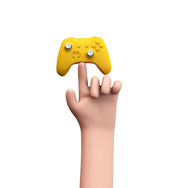 Mani in stile cartone animato che tengono un controller per videogiochi d rendering