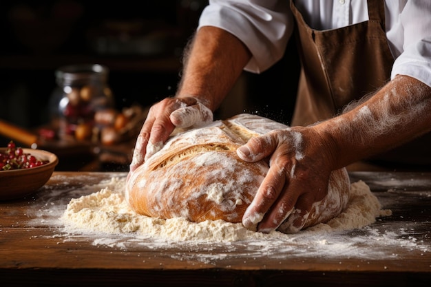 Mani maschili che impastano il pane sul tavolo cosparso