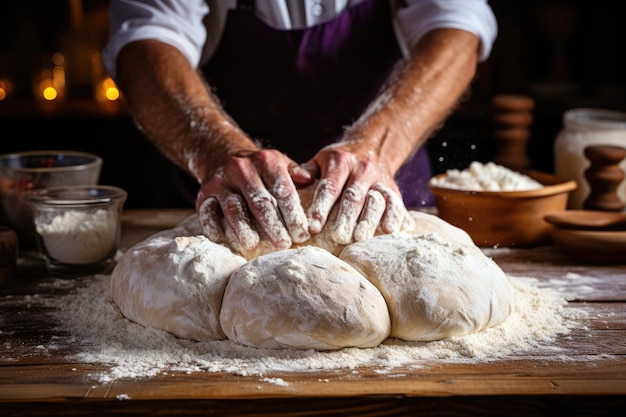 Mani maschili che impastano il pane sul tavolo cosparso