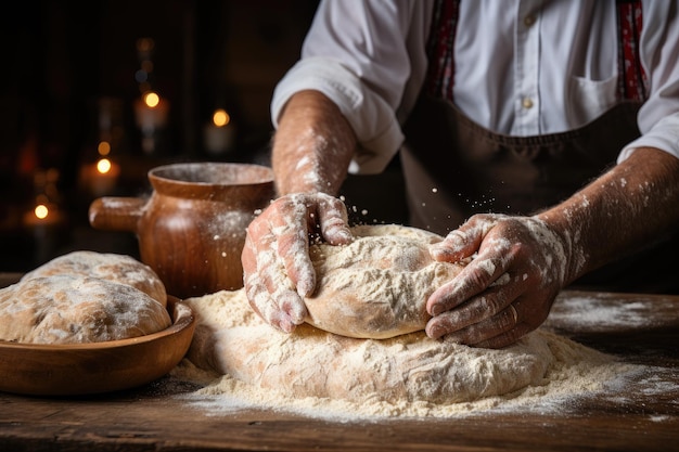 Mani maschili che impastano il pane sul tavolo cosparso