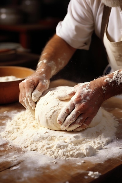 Mani maschili che mescolano e impastano la pasta