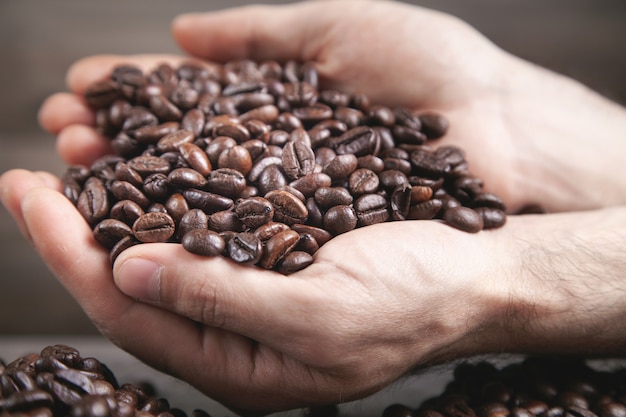 Mani maschili che tengono i chicchi di caffè.