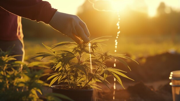 mani maschili che tengono una pianta di marijuana al tramonto