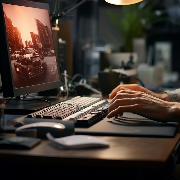 Mani maschili in un ufficio che scrivono su una tastiera di computer