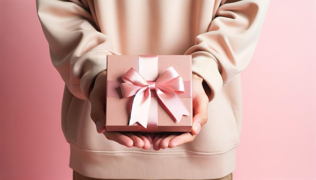 Mani maschili tengono una scatola regalo con un arco Congratulazioni che presentano un regalo per il giorno della madre