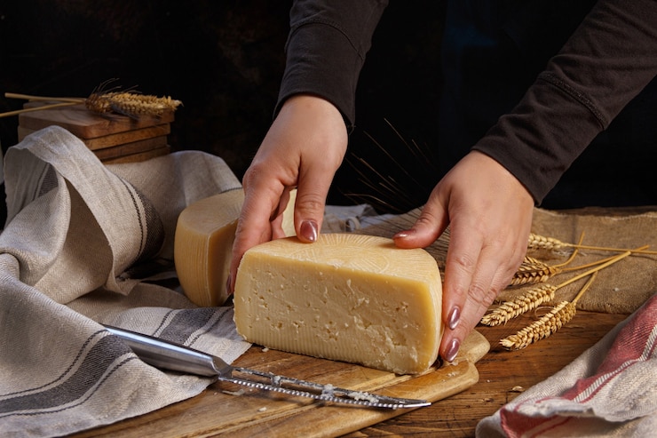 Foto mani mettere pezzi di formaggio fresco fatto in casa su una tavola di legno si chiuda