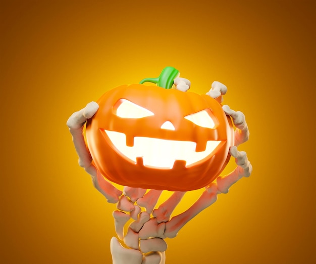 mani ossute che tengono le zucche di Halloween. illustrazione 3d