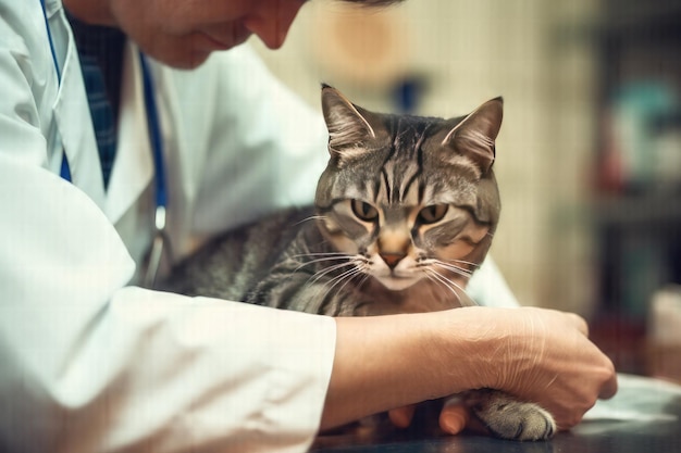 Mani premurose che catturano un tenero momento veterinario con un paziente felino