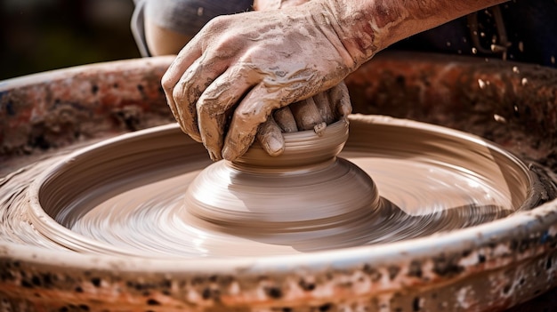 Mani ricoperte di argilla lavorano su un pezzo di ceramica su una ruota filante