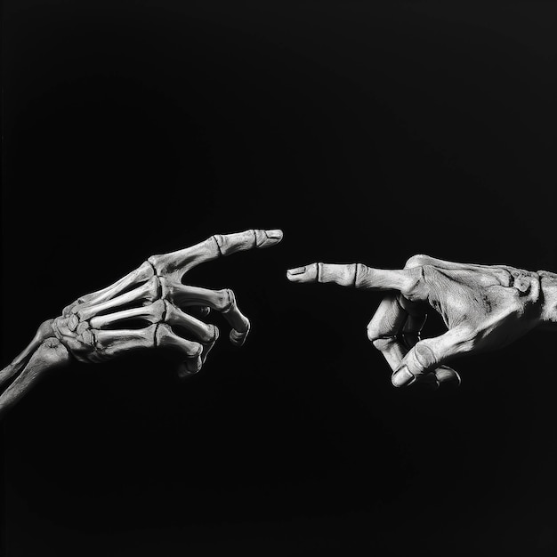 Mani strappate che si estendono l'una all'altra in una foto in bianco e nero Hand Stock Photos