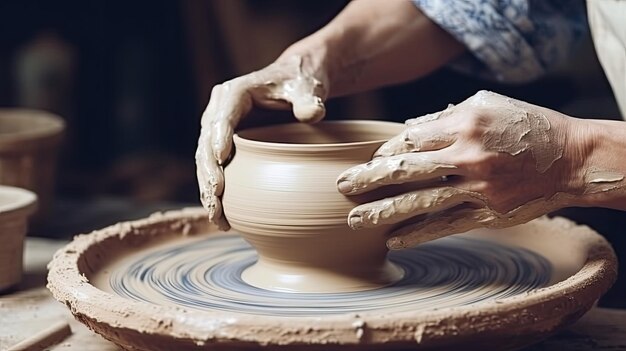 Mani sul vaso di pittura dell'artista dell'artigiano della ruota di ceramica con la spazzola